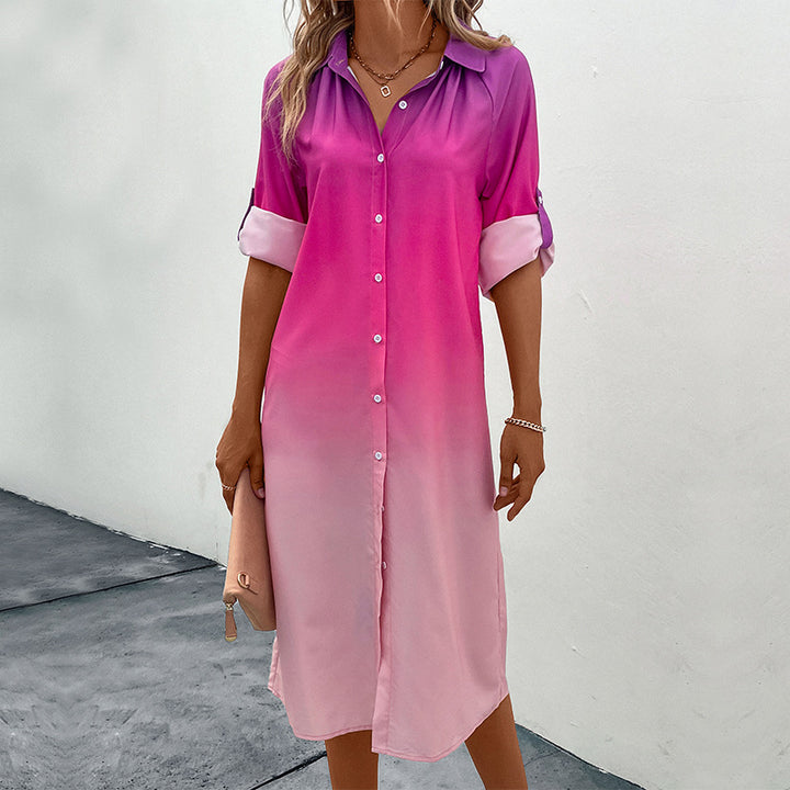 Ladies shirt dress with gentle color gradient, loose fit and roll-up three-quarter sleeves Mune Fashion