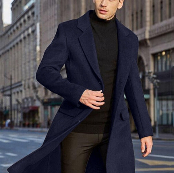 Men's Elegant Long Wool Blend Coat with Slim Silhouette and Classic Lapel Mune Fashion