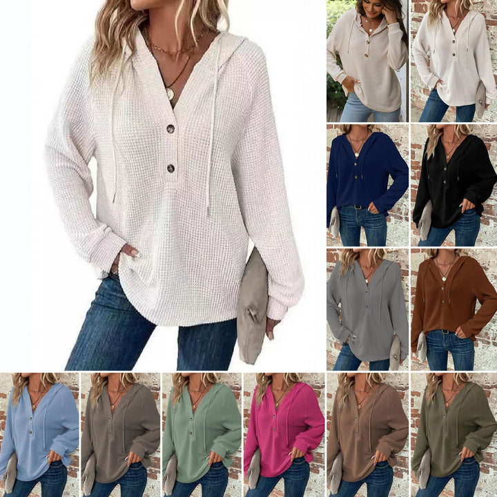Women Waffle Knit Hoodie with Henley Button Placket and Oversized Cut Mune Fashion