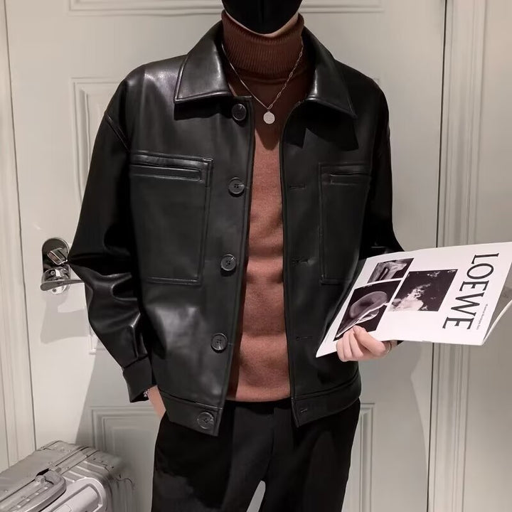 Men's Boxy Overshirt in Leather Look with Shirt Collar and Patch Breast Pockets Mune Fashion