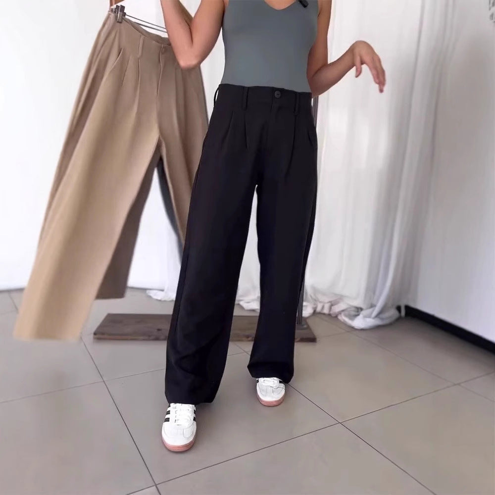 Ladies nan elegant sack-inspired pleated trousers with a high waist fit, straight wide leg, and side pockets Mune Fashion