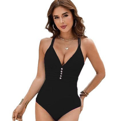 Women One-Piece Swimsuit with Deep V-Neck and Fashionable Button Details Mune Fashion