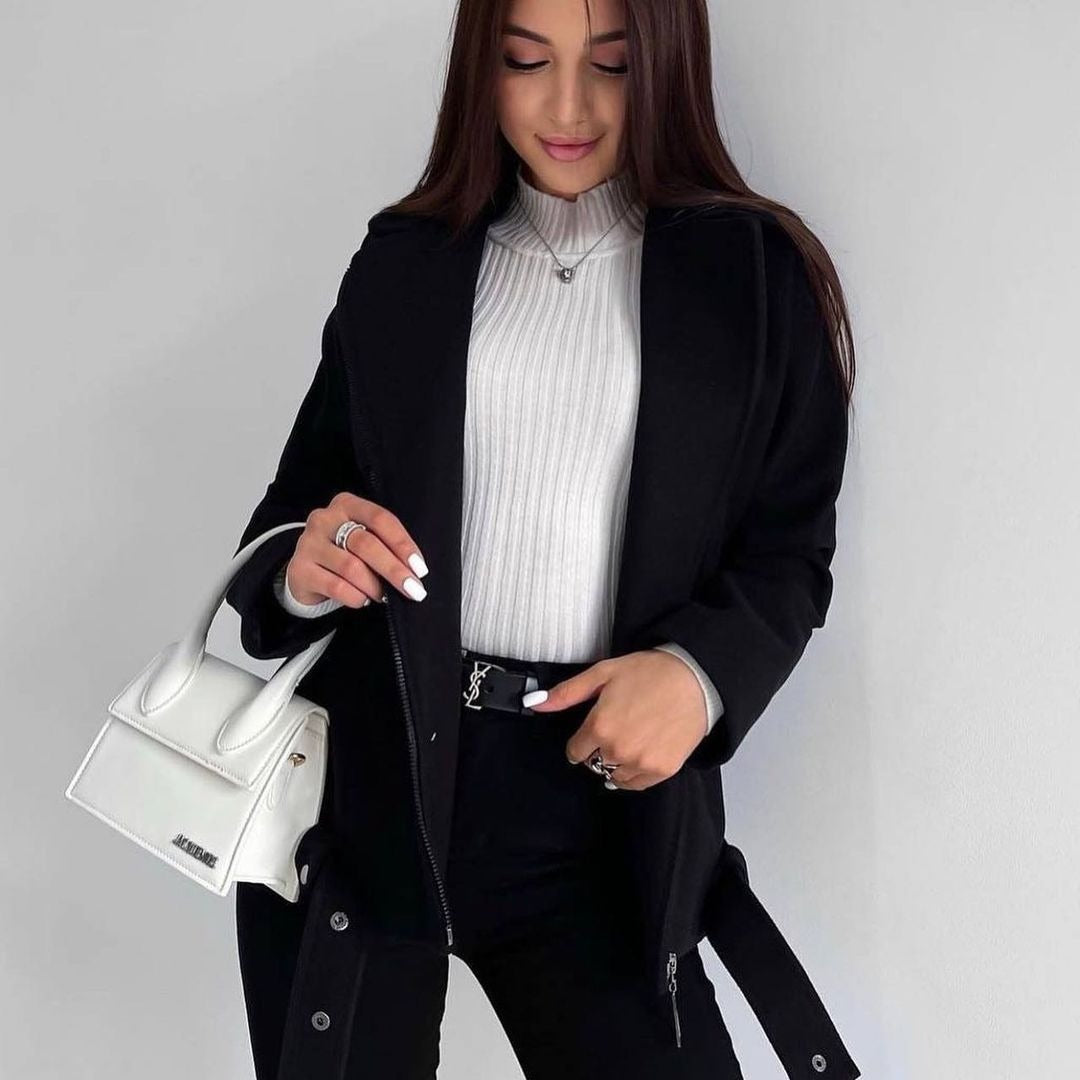 Women's short cut wool-look coat with concealed zipper, waist belt and patch pockets Mune Fashion