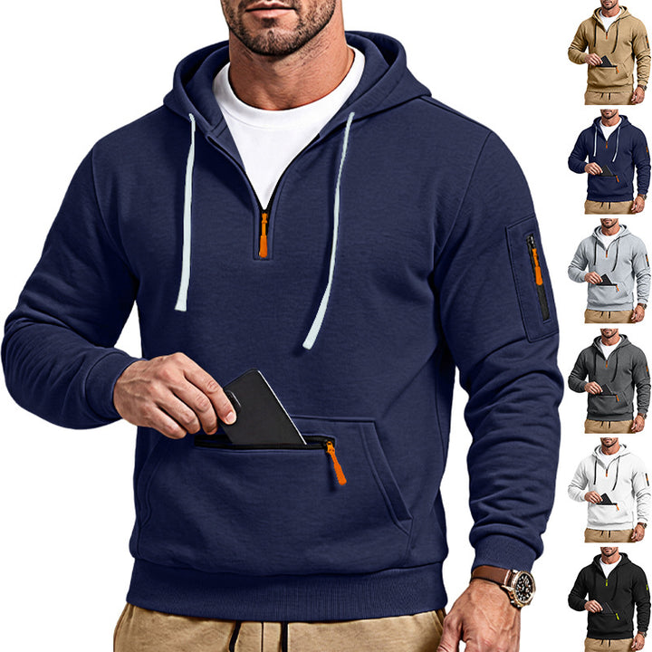 Men's sporty hoodie with half zipper and zippered kangaroo pocket Mune Fashion