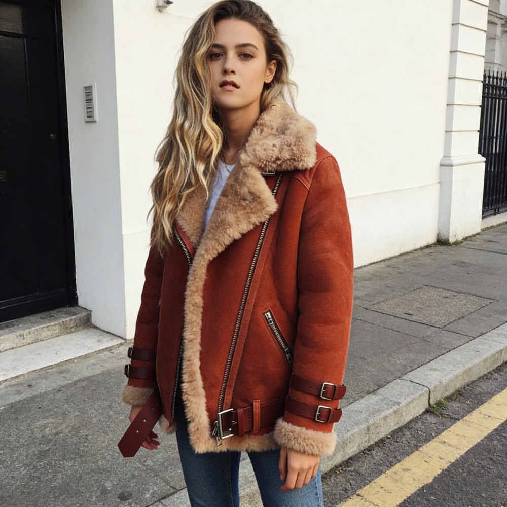 Ladies fluffy biker jacket with teddy lining and buckle trim Mune Fashion