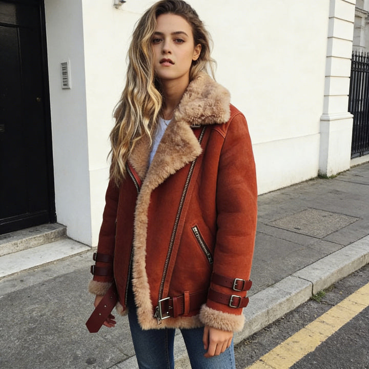 Ladies fluffy biker jacket with teddy lining and buckle trim Mune Fashion