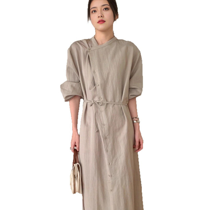 Women Long Shirt Dress with V-neck, full-button placket, and waist belt Mune Fashion