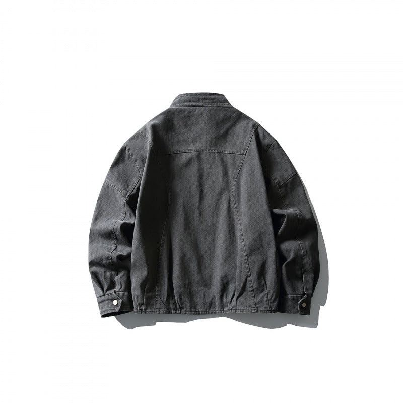 Men's Lightweight Worker Jacket made of Stonewashed Cotton Blend with Stand Collar Mune Fashion
