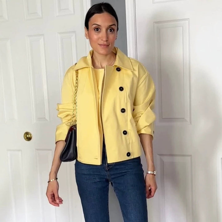 Women's Short Boxy Jacket with Lapel Collar, Contrast Button Detail and Three-Quarter Sleeves Mune Fashion