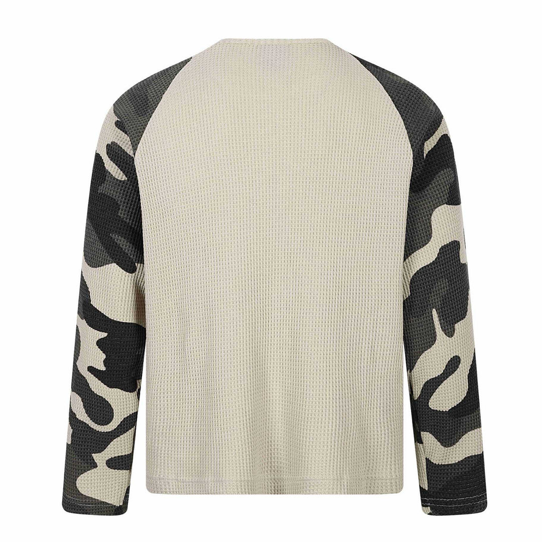 Unisex Waffle Knit Long Sleeve Shirt with Raglan Sleeves and Camouflage Details Mune Fashion