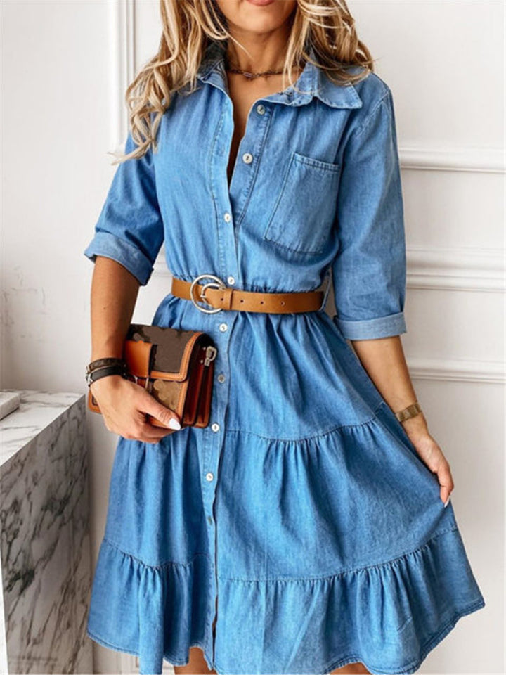 Women's layered shirt dress with waist accentuation, continuous button placket and breast pocket Mune Fashion