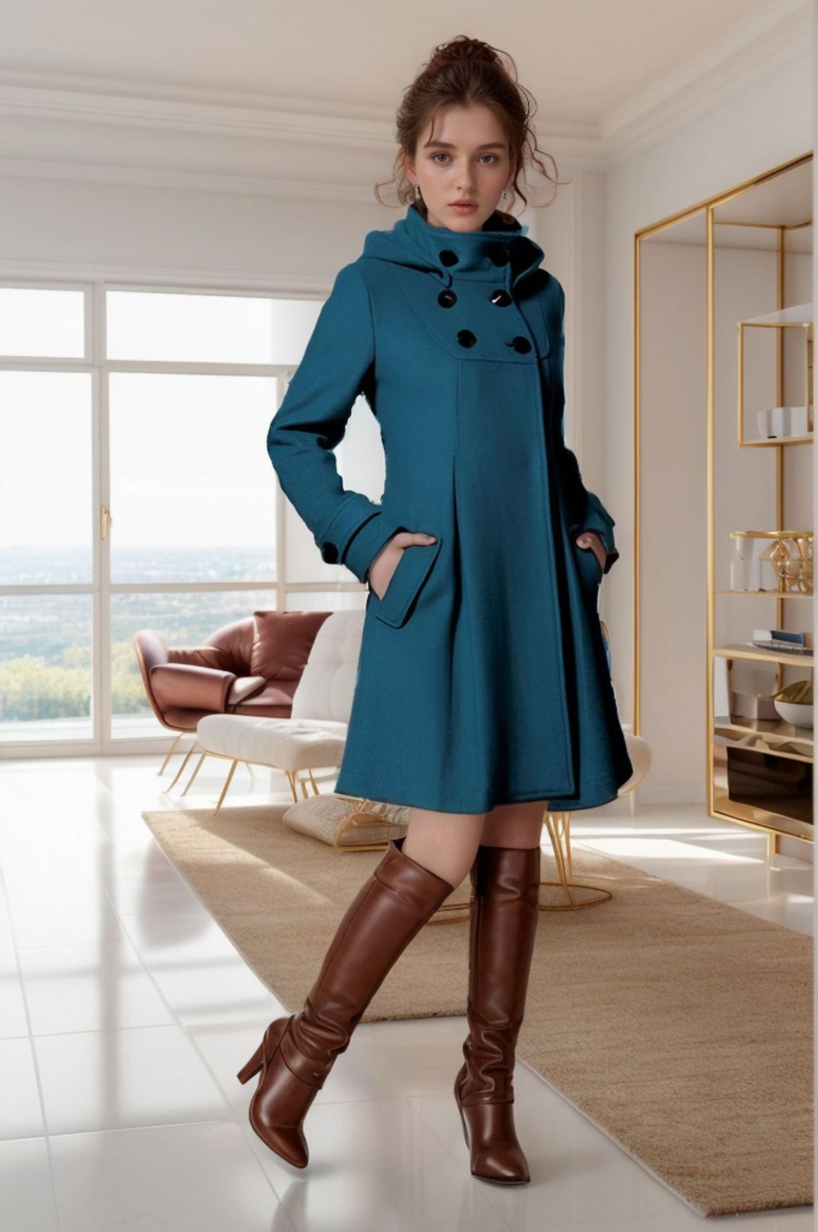 Women A-line wool coat with high standing collar, hooded look, and double-breasted Mune Fashion