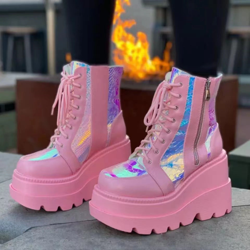Ladies' platform biker boots with holographic inserts, lacing, and side zipper Mune Fashion