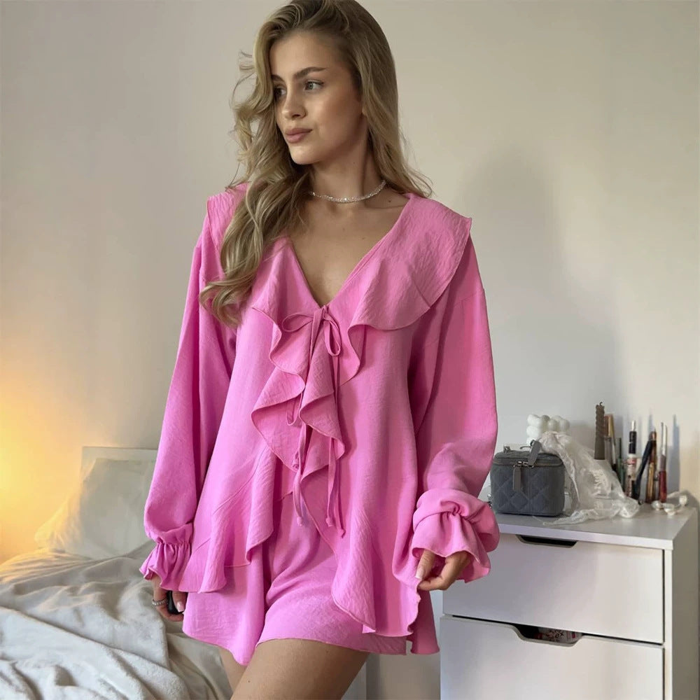 Women's Playful Ruffle Set made of lightweight Crepe Quality with Tie Blouse and A-Line Mini Skirt Mune Fashion