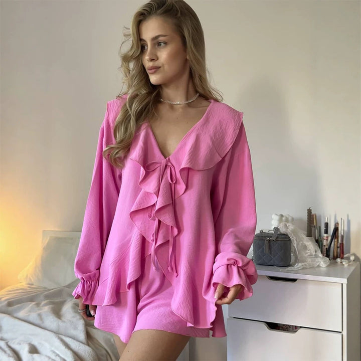 Women's Playful Ruffle Set made of lightweight Crepe Quality with Tie Blouse and A-Line Mini Skirt Mune Fashion
