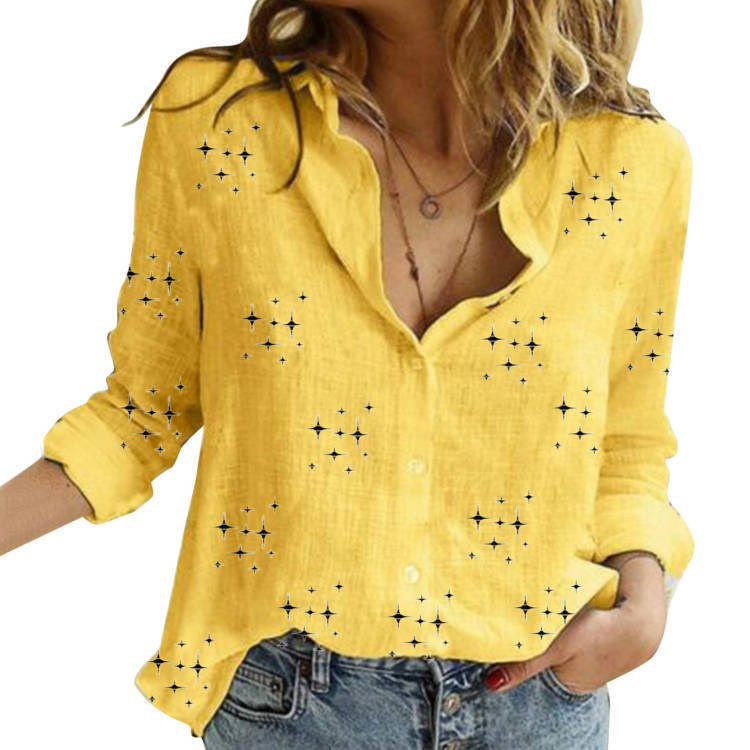 Women's loose linen blouse with star print V-neck buttoned front Mune Fashion