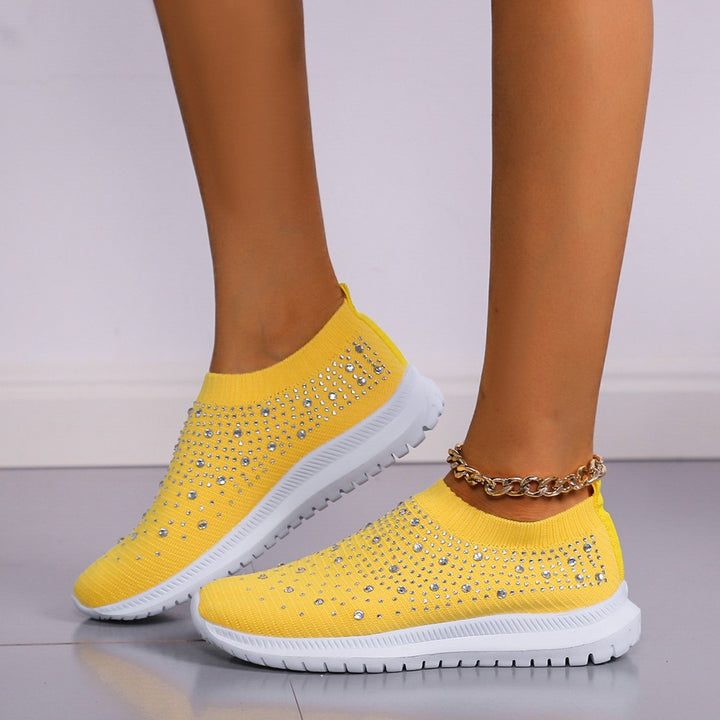 Women’s knitted slip-on sneakers with rhinestone accents, elastic shaft, and shock-absorbing EVA sole Mune Fashion