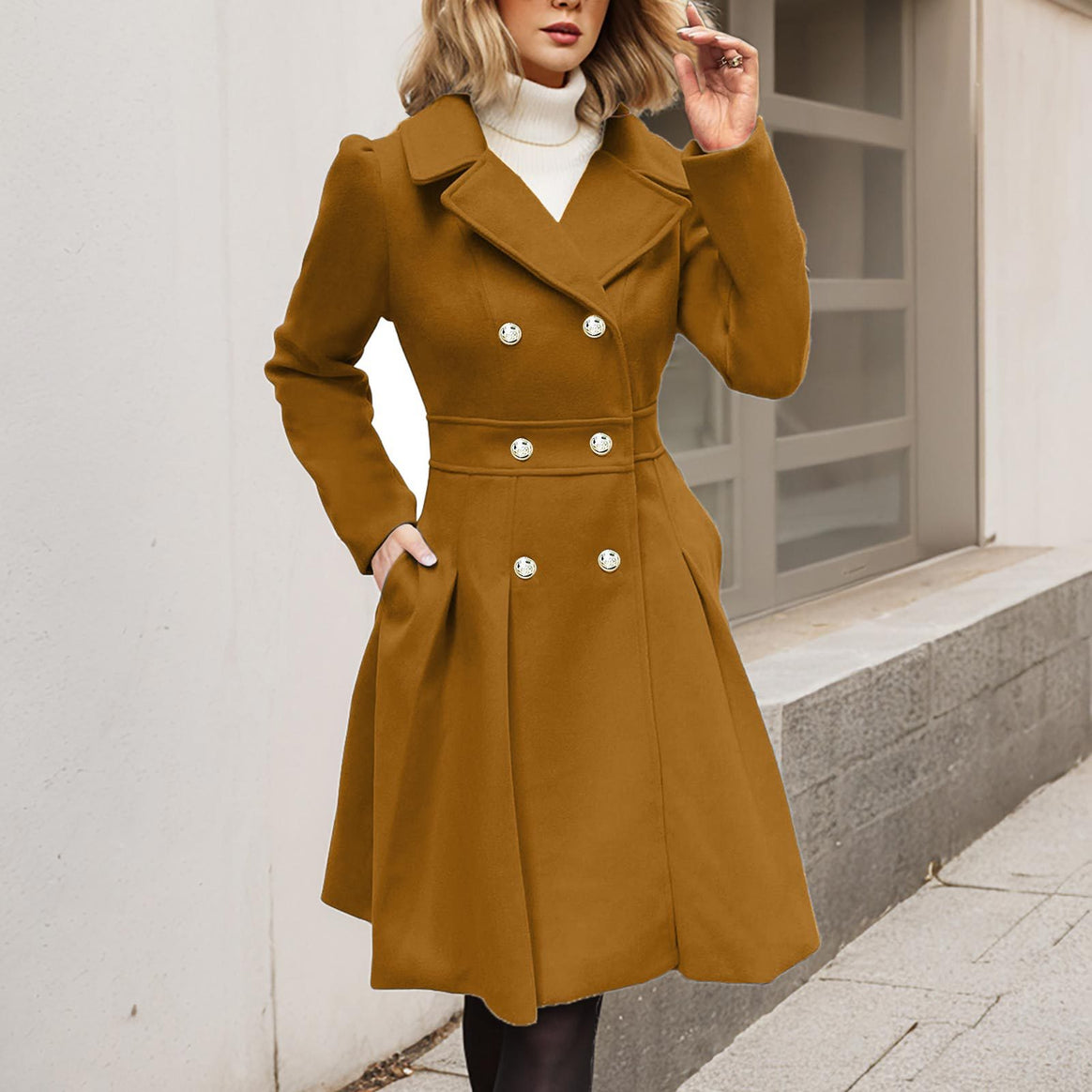 Women's fitted balloon coat with double-breasted front, flared skirt section and decorative buttons Mune Fashion