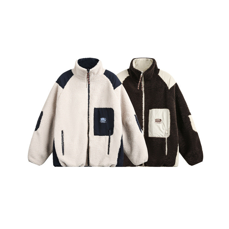 Unisex Oversize Teddy Fleece Jacket with Contrast Nylon Inserts and Stand-Up Collar Mune Fashion