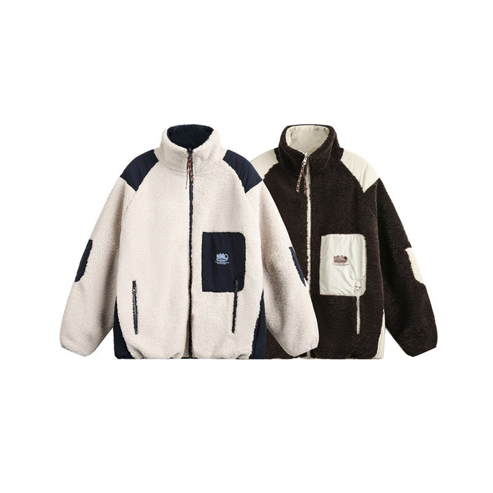 Unisex Oversize Teddy Fleece Jacket with Contrast Nylon Inserts and Stand-Up Collar Mune Fashion