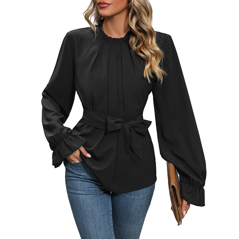 Women Elegant Blouse with Ruffle Details and Tied Belt Mune Fashion