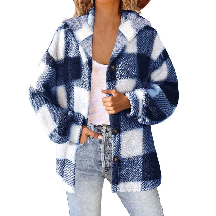 Women's fluffy checked teddy jacket with hood, button closure and oversized fit Mune Fashion