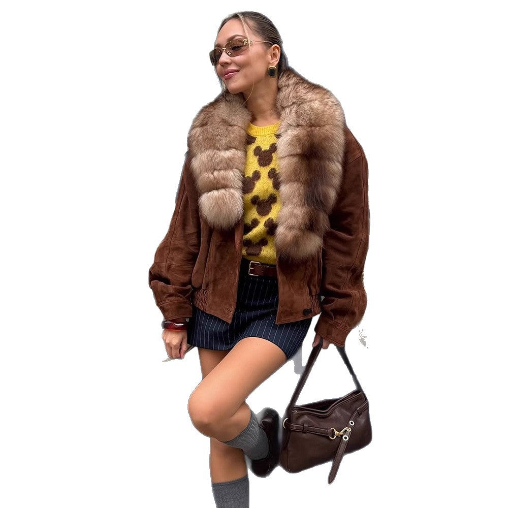 Women's suede bomber jacket with voluminous fur scarf and elastic hem Mune Fashion
