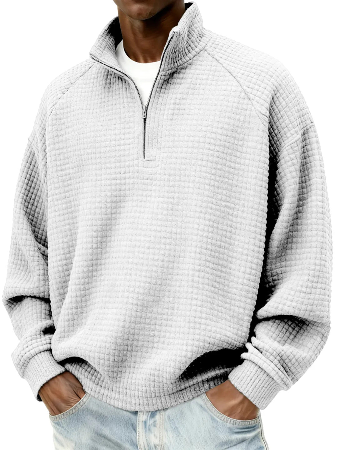 Men's Waffle Knit Oversized Sweater with Half-Zip and Stand-Up Collar Mune Fashion