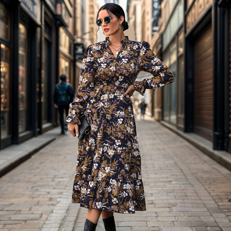Women's Flowing Floral Midi Dress with V-Neck, Smocked Waistband, and Tiered Skirt Mune Fashion