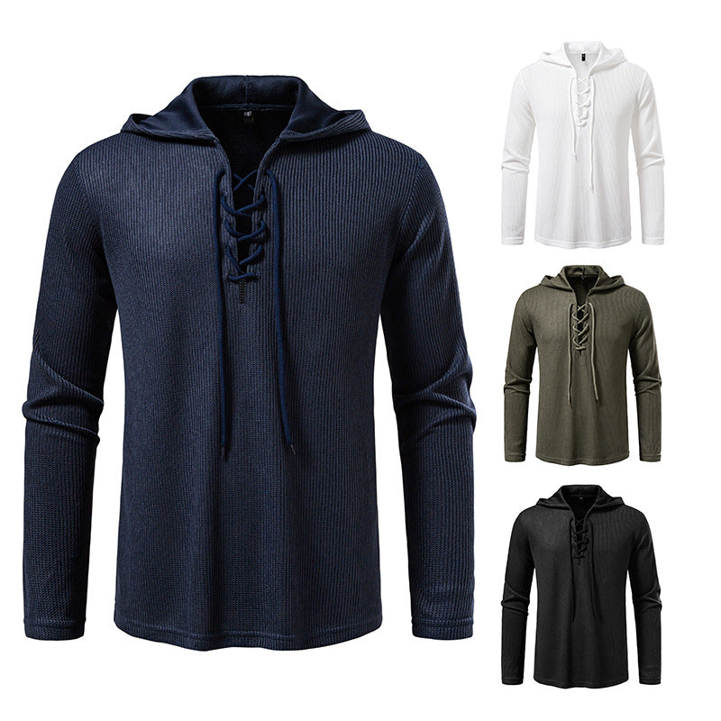 Men's waffle knit hoodie with lace-up collar and straight hem Mune Fashion