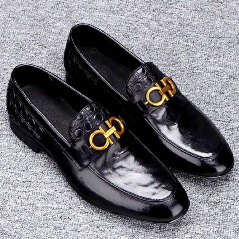 Men's Elegant Leather Look Loafers with Crocodile Embossing and Gold Bit Buckle Mune Fashion