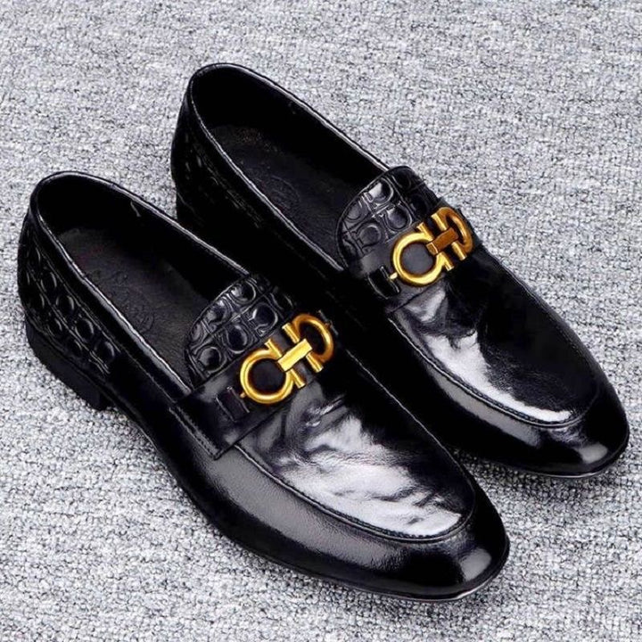 Men's Elegant Leather Look Loafers with Crocodile Embossing and Gold Bit Buckle Mune Fashion