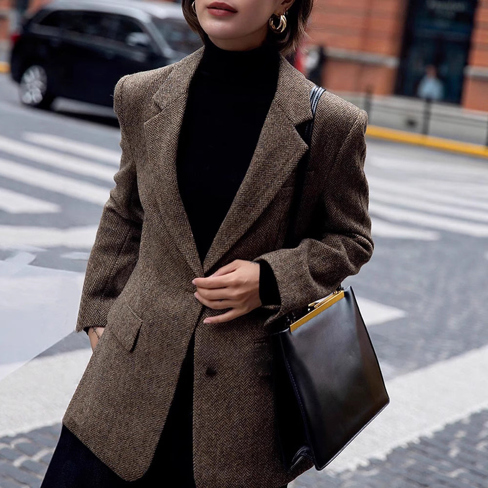 Women Elegant Herringbone Blazer Mune Fashion