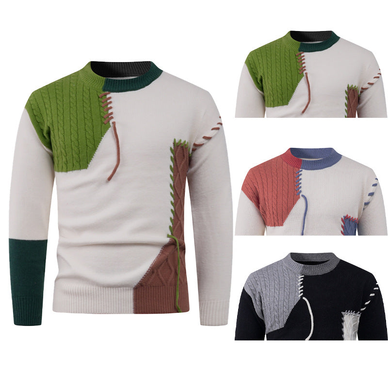 Men's Nan Patchwork Knit Pullover with Cable Knit Inserts and Decorative Seam Applications Mune Fashion