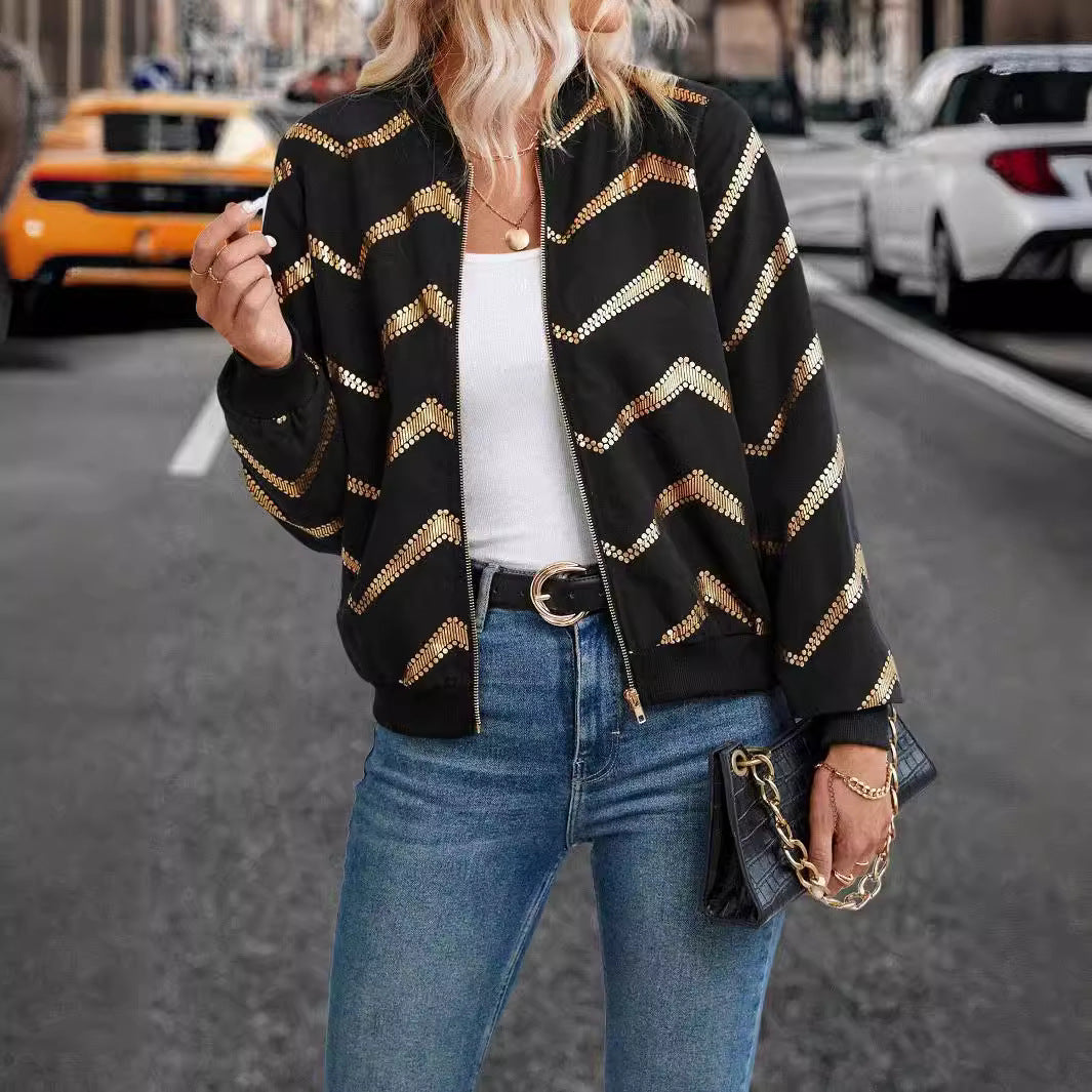 Ladies nan bomber jacket with sequin chevron pattern, ribbed cuffs, and visible zipper Mune Fashion