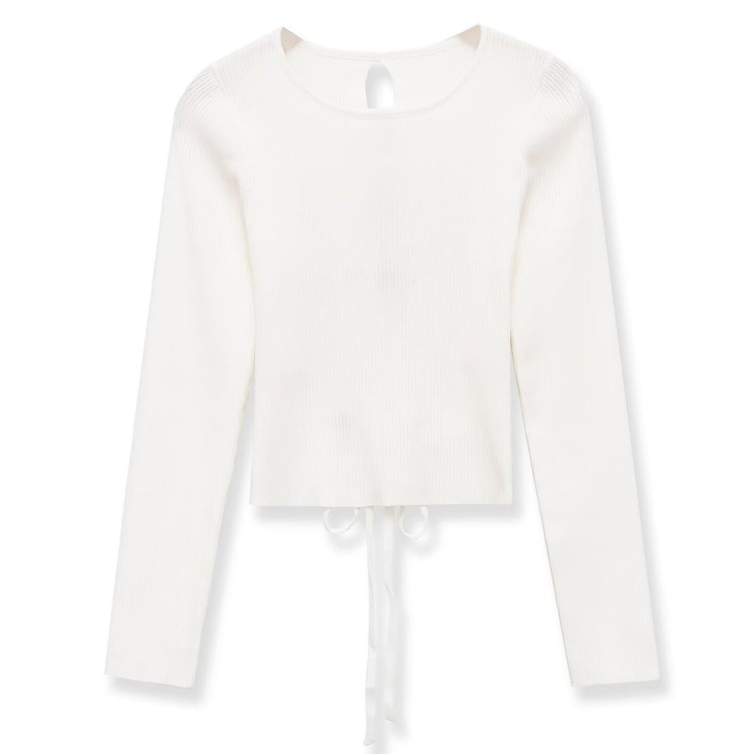 Women Ribbed Long Sleeve Sweater Short Cut with Back Lacing Mune Fashion