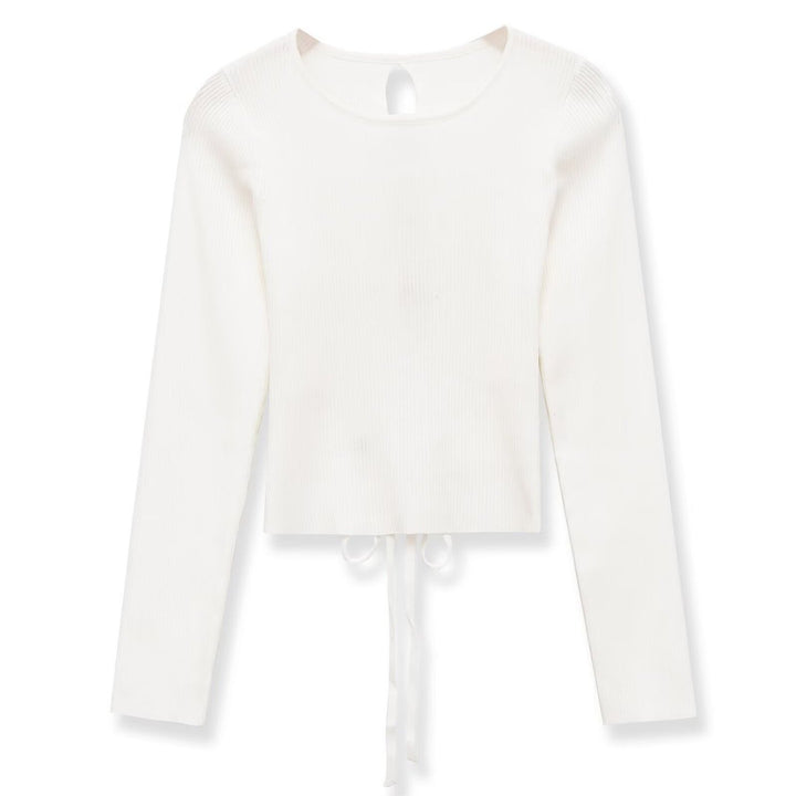 Women Ribbed Long Sleeve Sweater Short Cut with Back Lacing Mune Fashion