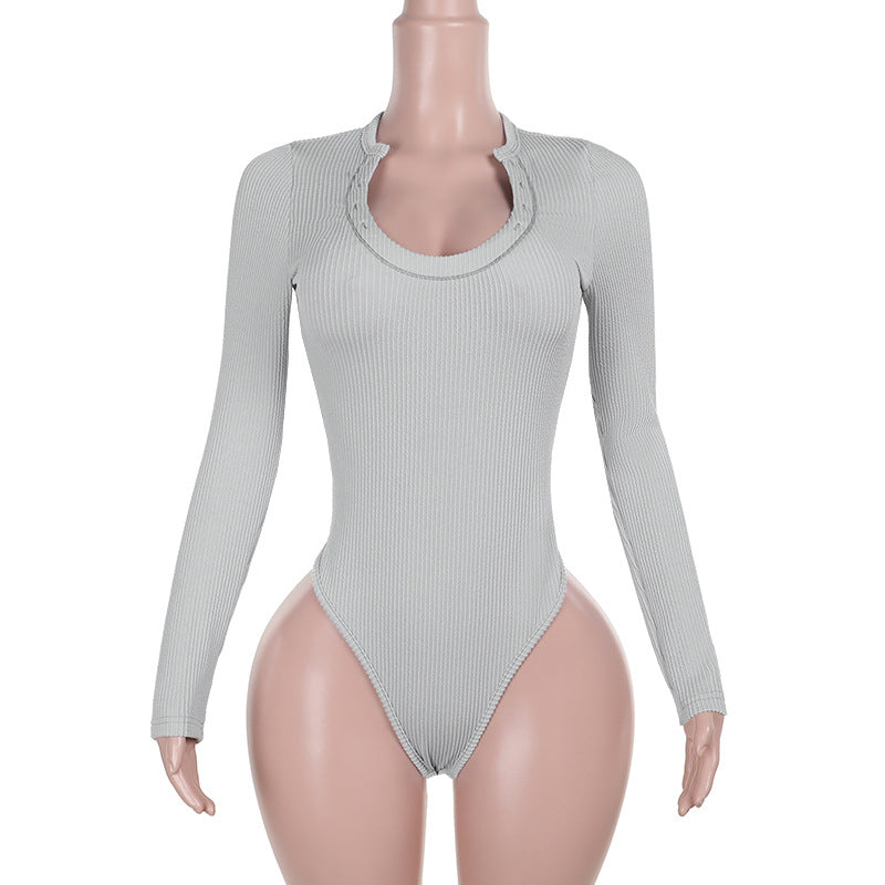 Damen Figurbetonter Rippshirt-Body mit langen Ärmeln und hohem Beinschnitt Mune Fashion