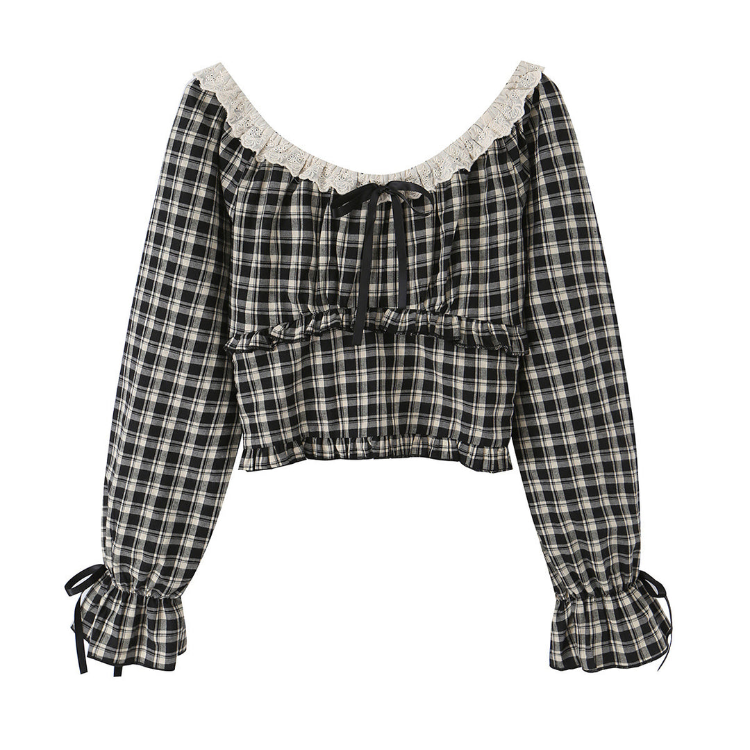 Women's Off-Shoulder Checkered Cropped Top with Lace, Ruffled Waist and Ties