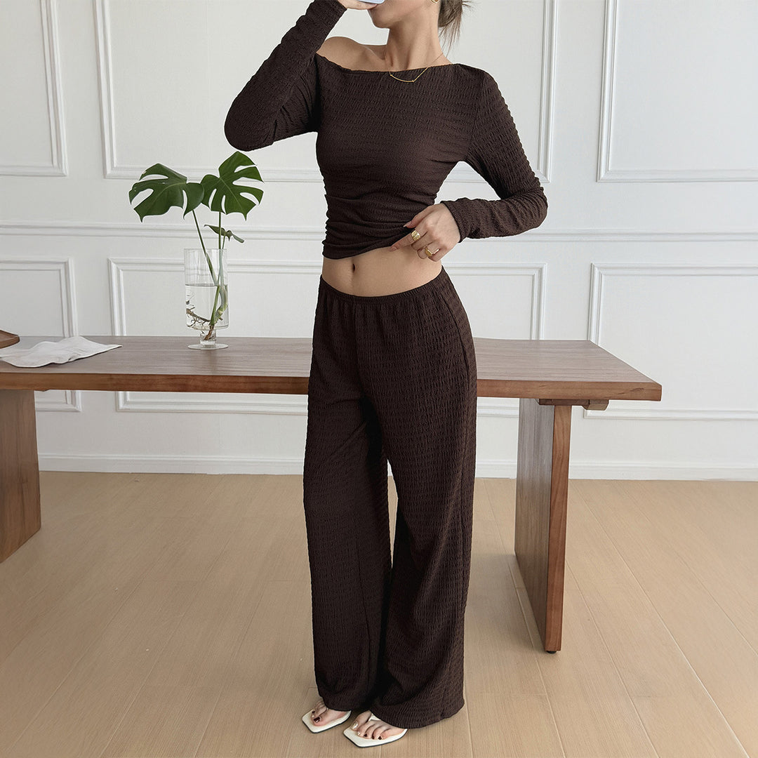 Women nan legeres Crinkle-Lounge-Set with Off-Shoulder Crop-Top and wide High-Waist Palazzo pants Mune Fashion