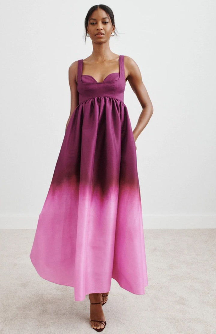 Women's floor-length bustier maxi dress with heart-shaped neckline, wide straps, and gathered empire waist Mune Fashion
