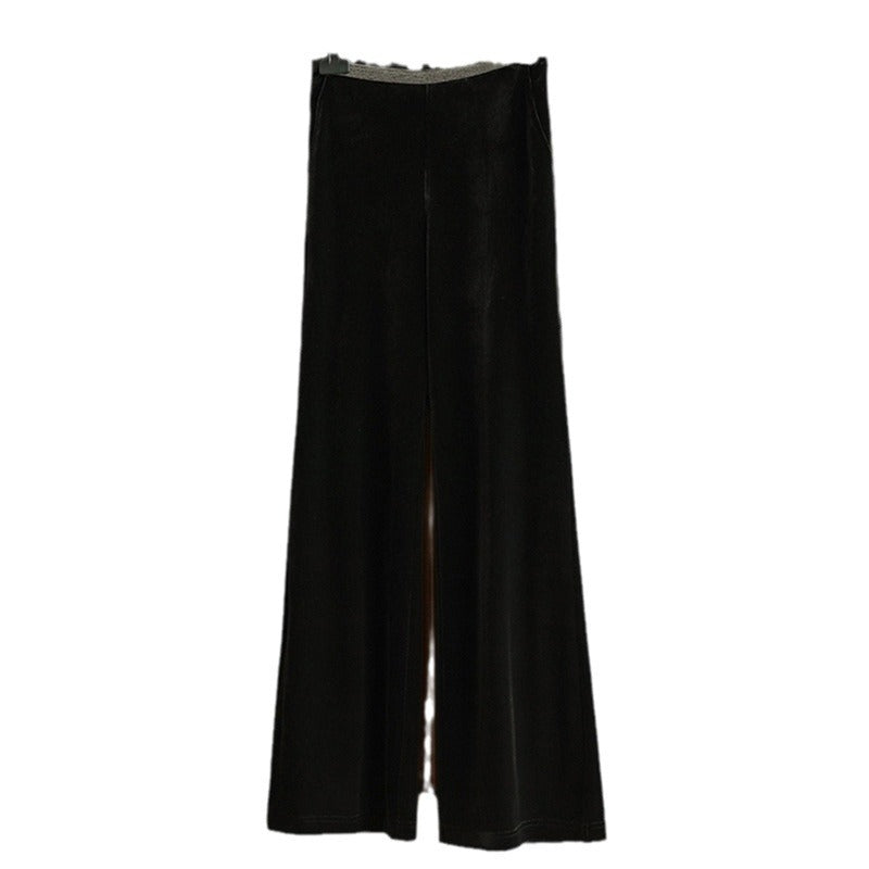 Women's High-Waisted Velvet Flared Trousers with Elastic Shiny Waistband Mune Fashion