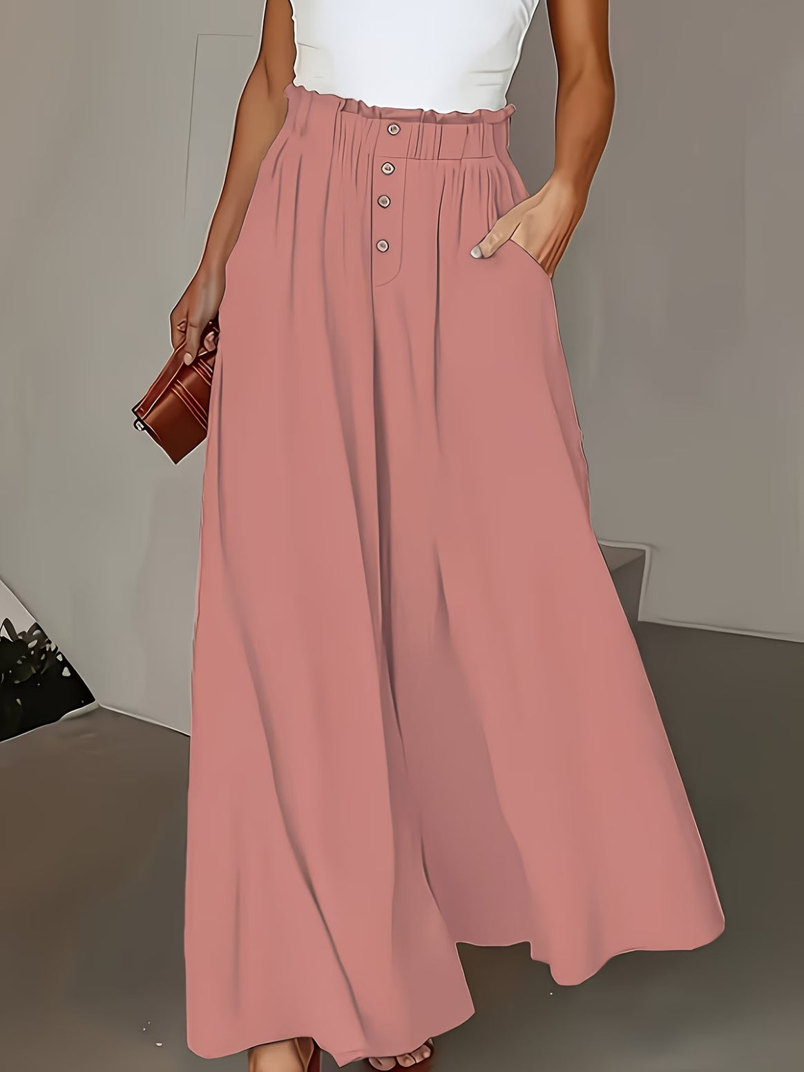 Women wide linen trousers with high, gathered waistband and button decoration Mune Fashion