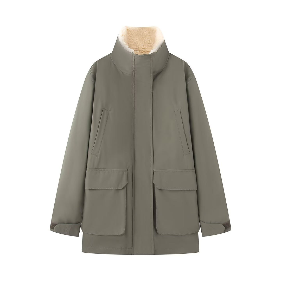 Women's Padded Parka Jacket with High Teddy Collar and Flap Pockets Mune Fashion