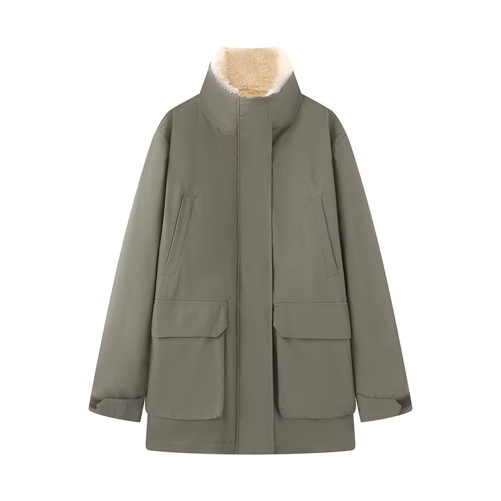 Women's Padded Parka Jacket with High Teddy Collar and Flap Pockets Mune Fashion