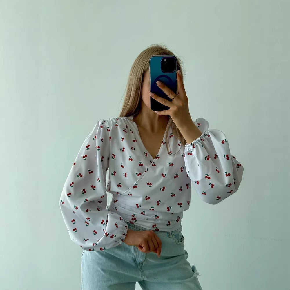 Women's wrap blouse with cherry print, wide puff sleeves & tie belt Mune Fashion