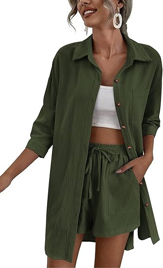 Women's Lightweight Longline Shirt Jacket Set with Elastic High-Waist Shorts Mune Fashion