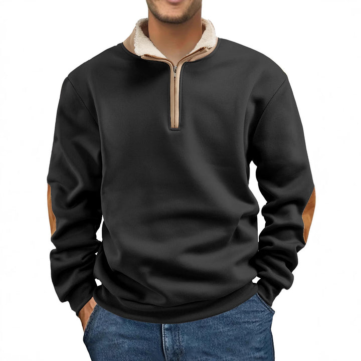 Men Nan Fleece Half-Zip Pullover with Sherpa Collar and Elbow Patches Mune Fashion
