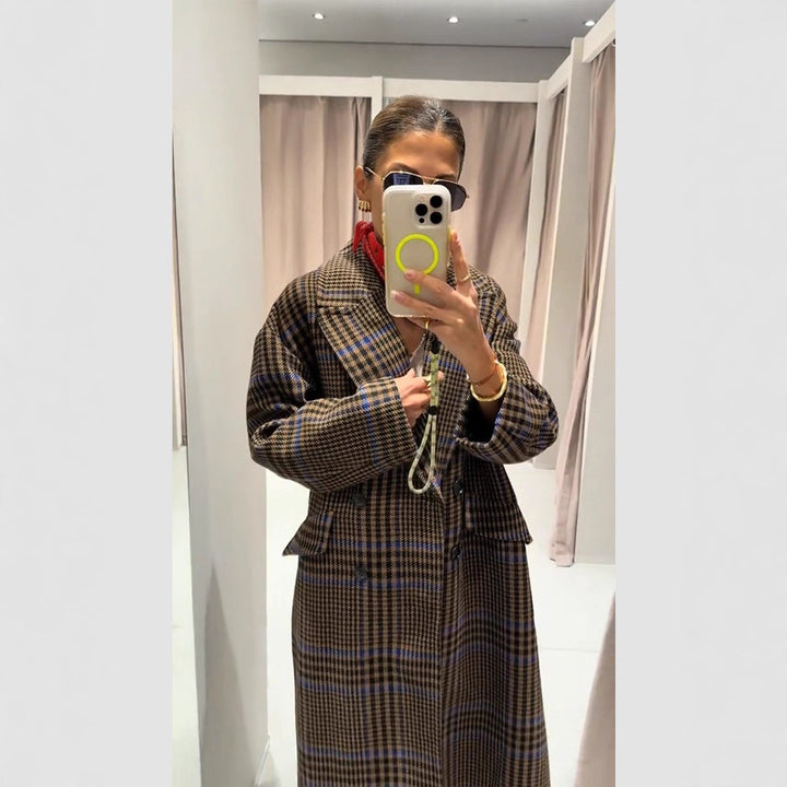 Women Maxilength Oversized Double-Breasted Coat with Emphasized Shoulder and Flap Pockets Mune Fashion