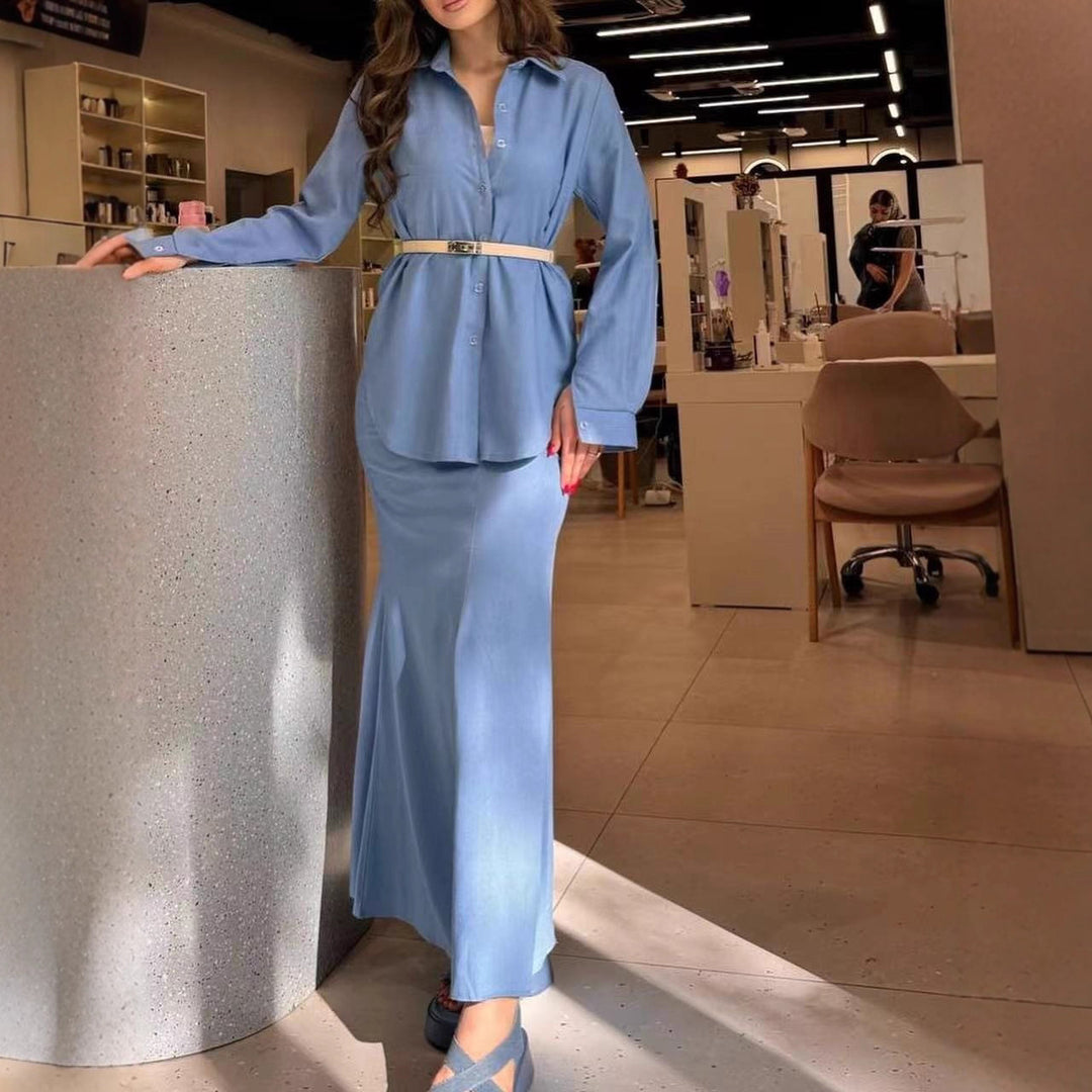 Women Two-Piece Set Tube Maxi Skirt with Flared Hem and Oversize Shirt Mune Fashion